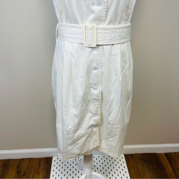 CALVIN KLEIN Ivory White Button Down Sleeveless Belted Dress - Size 10 - Picture 6 of 9